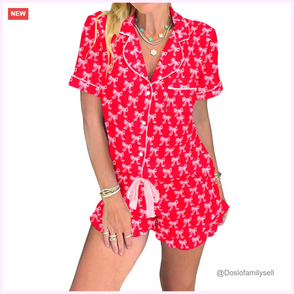 Candy Cane Print Lounge Set Knotted Top Shorts Pocketed Soft Pajama Set
